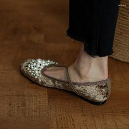 Casual Shoes Women Pearls Flats Luxury Mary Jane Square Toe Velvet Soft On Low Heel Woman Spring Autumn Simple