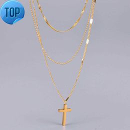 2023 gold plated stainless steel cross pendant three layered rope ball figaro chain necklace for women