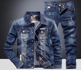 Men039s Tracksuits Fashion Slim Sets Spring Autumn Dark Blue Denim Cotton Long Sleeve Jacket Ripped Hole Jeans Couple Two Piece5451477