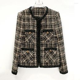 Women's Jackets Coffee Chequered Coarse Tweed Jacket For Spring/autumn/winter Classic Versatile Small Fragrant Style