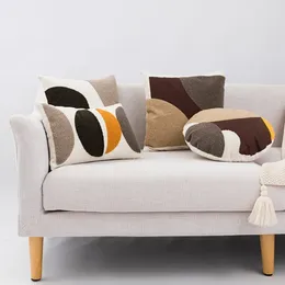 Pillow Khaki Brown Embroidery Cover Geometric Cotton Canvas Round Home Decorative Case PillowSham 45x45cm