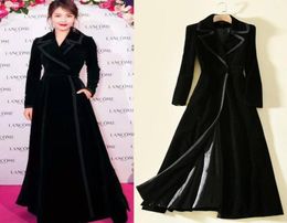 Winter Designer Elegant Women High Quality Solid Colour Black Red Velvet Long Coat Plus Size Casual Coats with Belt12803005