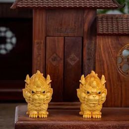 Wooden -Auspicious Kirin Small statue Solid wood carving Chinas fortune-making evil-repelling God Beast Home Room art statue 240517