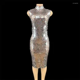 Skirts Shining Silver Sequins See Through Dress Birthday Celebrate Perspective Stretch Stage Costume Dance Outfit