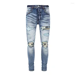 Men's Jeans Latest Designer High Street Fashion Elastic Light Blue Slim Fit Retro Wash Hole Patch Hip Hop Brand Pants