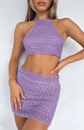 Pieces Set Women Sleeveless Knit Bikini Cover-up Crochet Swimsuit Crop Top And Skirt Wrap Swimwear Bottom Short Beach Dress