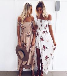 Boho Style Long Dress Plus Size S5XL Women Off Shoulder Beach Summer Lady Dresses Floral Print Vintage Chiffon White Maxi Dress V7251926