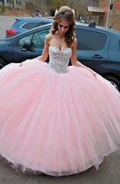 Vintage Pink Ball Gown Country Prom Dresses Cheap Top rhinestone Beaded quinceanera Dresses Party Evening Puffy Tulle Holiday Form6111913