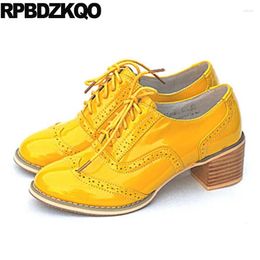 Dress Shoes Wine Red Thick 2024 Round Toe Medium Heels Genuine Leather Brogue Lace Up Ladies Yellow Size 33 Big Vintage Oxford