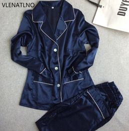 Whole Womens Lace Silk Sleepwear Pajamas Sets Satin Spring Autumn Longsleeved Pyjama Leisure Loungewear navy blue Set All Se1266988