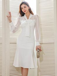 Casual Dresses Korean Fashion Spring Autumn White Long Fishtail Dress Women Clothing Elegant Sweet Bow Neck Slim Midi Robe Femme Mujer