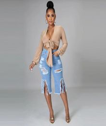 Women039s Pants Capris 2021 Fashion Hollow Out Ripped Jeans For Women High Waist Tassels Patchwork Knee Length Pant Streetwea8636177