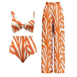 Women's Swimwear Independent Station Three-Piece Set Fashion Split Swimsuit Striped Printed Blouse Sun Protection