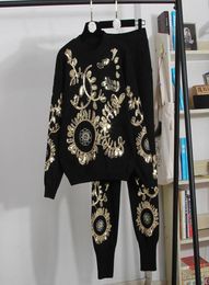 Women039s Two Piece Pants Fashion Woman Tracksuit 2022 Autumn Winter Set Gold Leaf Disc Flower Embroidery Sweater Knitted Sport3368888