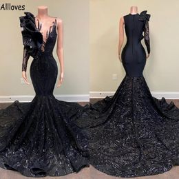 Vintage Black Sequined Lace Mermaid Evening Dresses Arabic Aso Ebi Sexy Sheer Neck One Shoulder Long Sleeve Prom Party Gowns For Women 2175