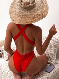 Women's Swimwear Deep V Neck One Piece Swimsuit Women Solid Red Black Criss Cross Backless Pleate Thong Bikini 2024 Beach Bathing Suit