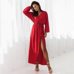 Casual Dresses Womens Sexy Solid Deep V Neck Silk Stain Sleepwear Dress Lace-up Long Slit Evening Ball Vestidos