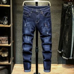 Men's Jeans 2024 Spring And Autumn Fashion Trend Solid Colour Ripped Stretch Casual Slim Comfortable Breathable Denim Pants