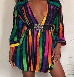 Womens Designer Shirt Dresses Fashion Rainbow Colours Striped Printed Summer Dress Long Sleeve Plus Size Women Clothing8591080