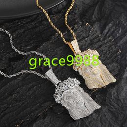 Iced Out CZ Jesus Head Pendant Necklace Gold Sier Plated with Diamond Cuban Link Chain