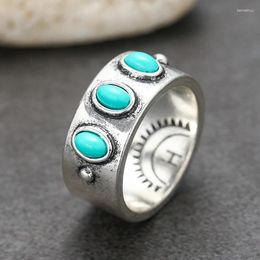 Cluster Rings Vintage Ethnic Style Wide Face Inlaid Imitation Turquoise Ring For Men And Women Creative Retro Personalised Party Jewellery