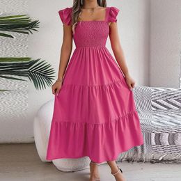 Casual Dresses For Wedding Guest 2024 Summer Solid Color Waist Square Neck A Line Long Skirt With Vestidos De Fiesta Elegantes