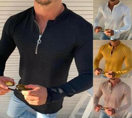 Fashion Men039s Tshirt Slim Fit V Neck Long Sleeve Slim Solid Cotton Zipper Male Autumn Muscle Tee Casual Tops9110002