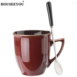 Mugs HOUSEEYOU European 4 Colours Retro Kiln Glazed Ceramic Coffee Mug Cup With Spoon Lid Creative Milk Tea Beer Water Teacup