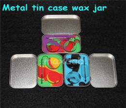 4 in 1 Tin Silicone Storage Kit Set with 2pcs 5ml Silicon Wax Container Oil Jar Base Dab Dabber Tool Metal Box Case1131883