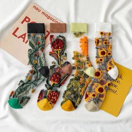 Women Socks 3 Pairs Cute Sheer Crystal Glass Retro Floral Mesh Sock Breathable Mid-Tube Women's Stocking & Hosiery