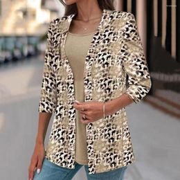 Women's Blouses Lady Commute Cardigan Leopard Print With Three Quarter Sleeves Lapel Collar Open Stitch Detail For Office Wear