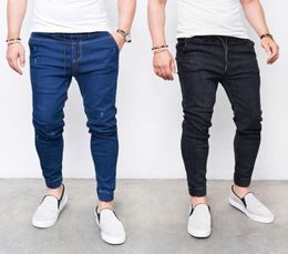 Men Elastic Waist Jeans Spring Casual Black Denim Blue Jeans Pants Slim Fit Long Trouser5061330