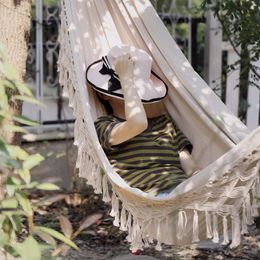 Outdoor garden hammock tassel canvas swing chair hammock hiking camping and hunting folding hammock po props 240509
