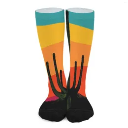 Women Socks Cartoon Desert Retro Cactus Sunset Funny Stockings Girls Medium Soft Running Winter Printed Anti Skid