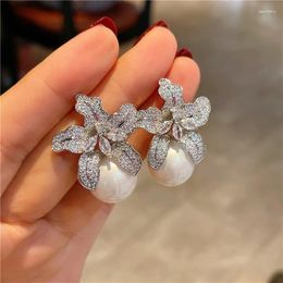 Stud Earrings Full Sparking CZ Zircon Crystal Lily Flower Shell Pearl Gold Plated For Women Bridal Party Wedding Jewelry