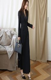 New Autumn Winter Office Lady Runway Designer Women Long Trench Coat Notched Collar Wrap Black Maxi Coat Outwear 2010064035063