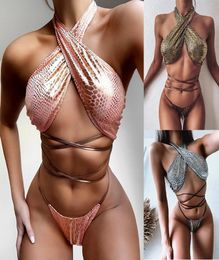 Womens Bandage Bikini Push Up Padded Zipper Crop Top Snake Print Swimsuit Bathing Swimsuit Short Sleeve Suit Female Bikinis2151239