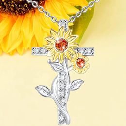 Fashion 14K Gold Sunflower Necklace Wedding Jewellery Cross Flower Pendant Necklaces for Women Engagement Anniversary Gift