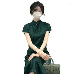Ethnic Clothing 2024 Fashion Dark Green Cheongsam Print Short Sleeve Vintage Dress Women Costumes Improved Qipao Chinese Oriental Girl