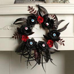 Decorative Flowers Halloween Wreath For Front Door Black Artificial Rose With Feather Eye Ball Witch Legs Fake Hand Indoor Outdoor Wall