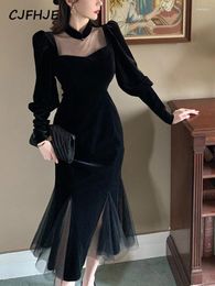 Casual Dresses CJFHJE Elegant Mesh Velvet Black Long Dress Women Gothic Slim Party Female Winter Sexy Split Hollow Christmas