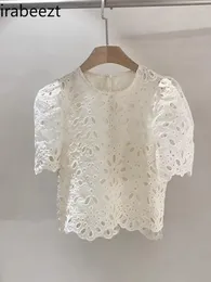 Women's Blouses 2024 Summer Puffed Sleeve Solid Colour Round Collar Flower Hollow-out Lace Shirt Casual White Blouse Woman Ladies Tops