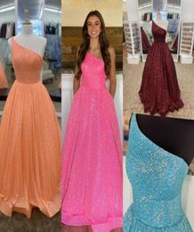 OneShoulder Sparkle Sequins Prom Dresses 2022 Ballgown CrissCross Straps Back Long Burgundy Orange Blue Pink Pageant Gowns F1077065