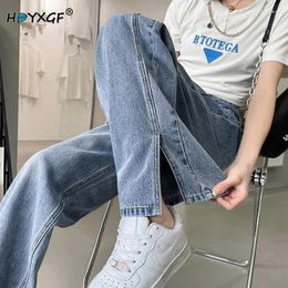 Women's Jeans Women's Spring Summer High Waist Slit Straight Two Buttons Loose Vintage Wide-leg Pants Streetwear Drape Mopping