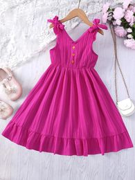 Girl Dresses Girls Summer V-Neck Leisure Vacation Style Dress Romantic Sweet Rose Solid Color Children's