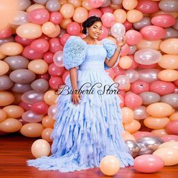 Party Dresses Very Fluffy Tulle A Line Prom Gowns Light Blue Tiered Ruffles Women Brithday Dress With Puff Half Sleeves Plus Size