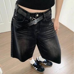 Men's Jeans High-waisted Wide-leg Seven Denim Shorts Design 2024 Black Washed Loose Straight Pants Summer