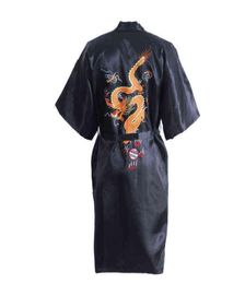 Black Chinese Men039s Satin Silk Robe Embroidery Dragon Kimono Bath Gown Unisex Loose Bathrobe Size M L XL XXL XXXL D0317 H11123179088157