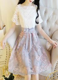 Ruffle Sleeves Elegant Korean Style Lace Dress Summer Women Beach Party 2020 Chiffon Boho Cute Aline embroidered Sweet Dress1408575