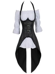 Steampunk Corset striped Long Straps Bustier Vest Top with White Gothic Blouse Plus Size Burlesque Costume Two Pieces Korsett2482259